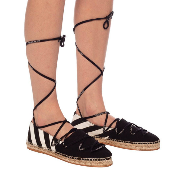 Off-White c/o Virgil Abloh Black & White Canvas Striped Lace-Up Espadrille Flat - Picture 5 of 16